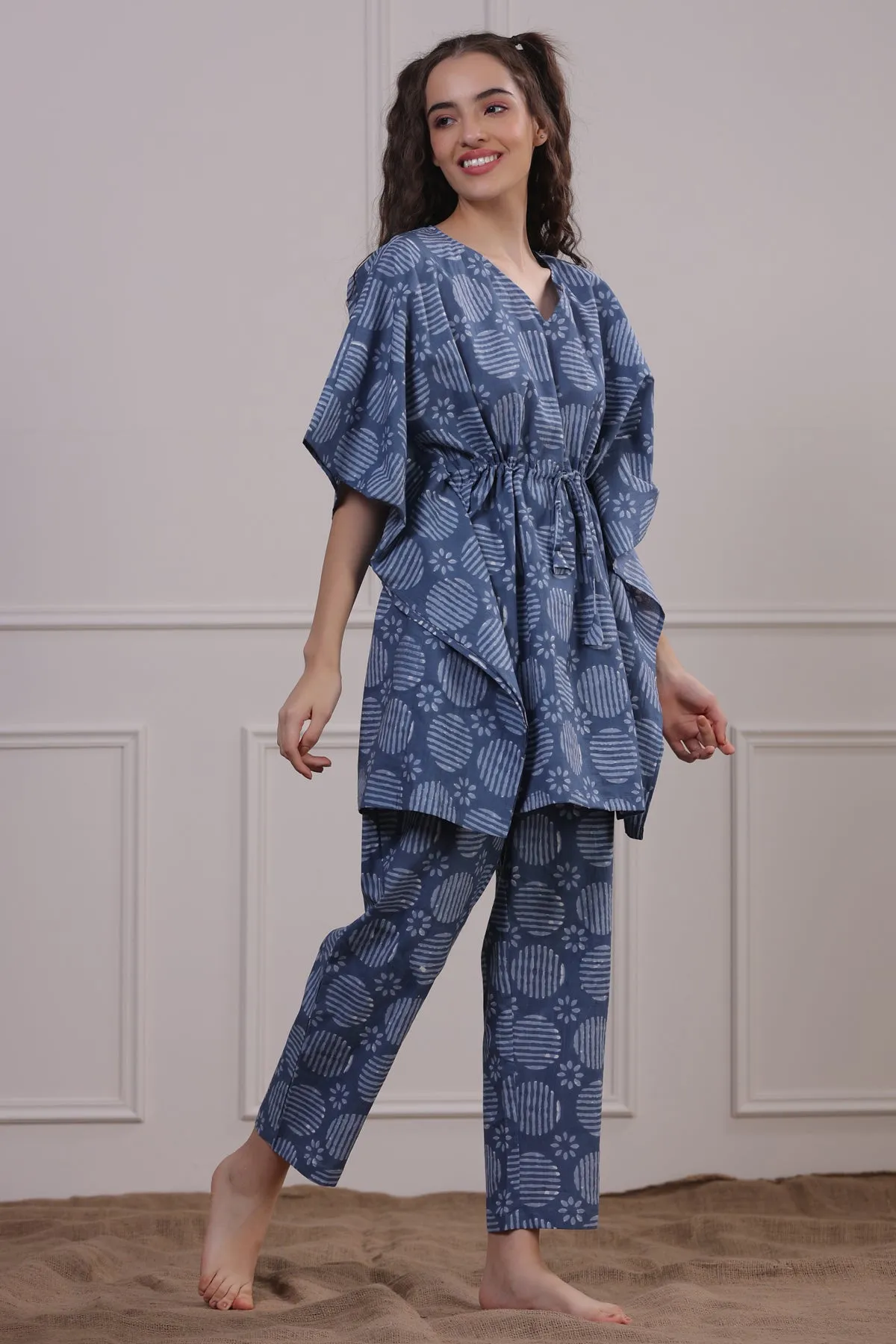 Bagru Print Blue Kaftan Pyjama Set