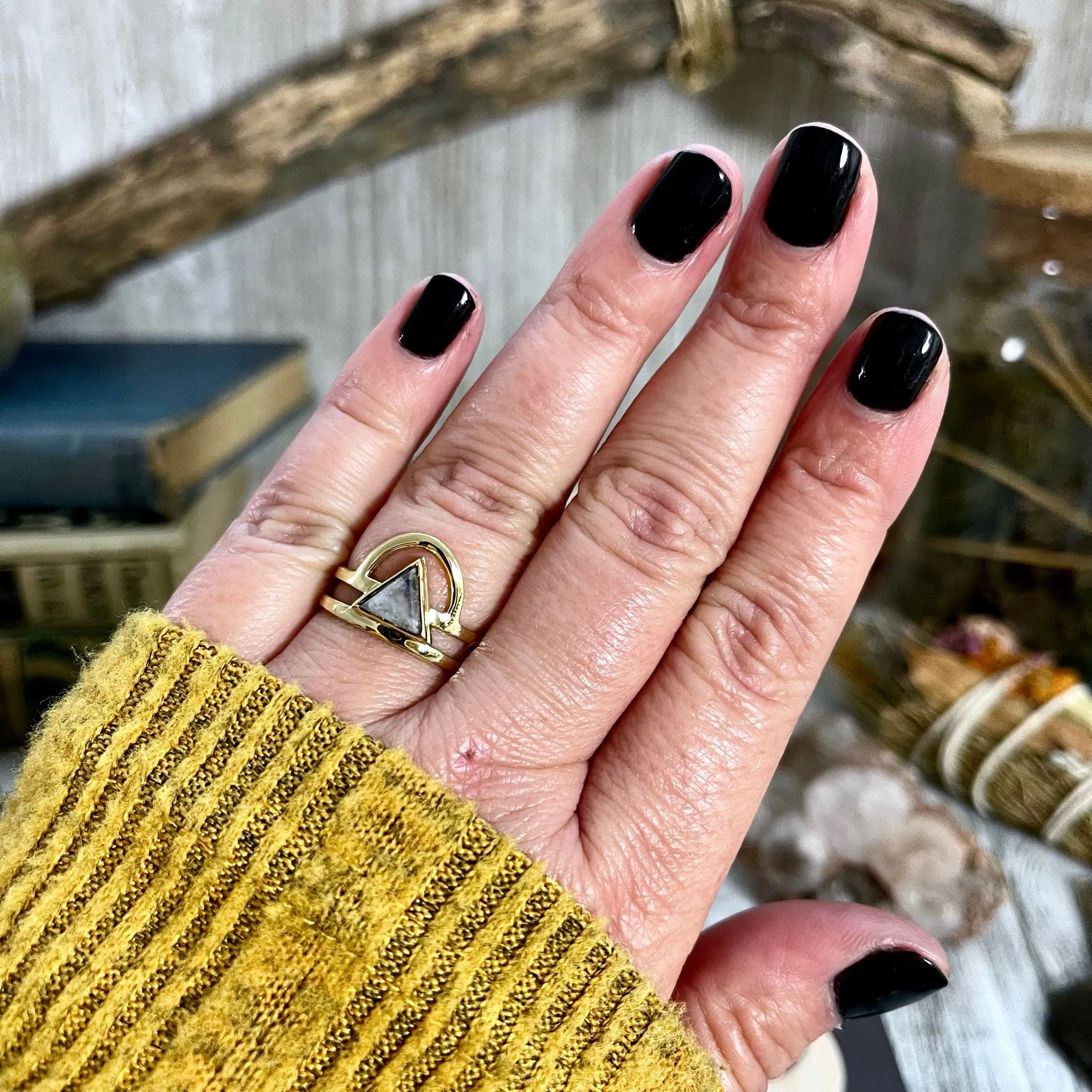 Beautiful Rainbow Moonstone Statement Ring Set in Brass  Size 8 9 10 / Curated by FOXLARK Collection