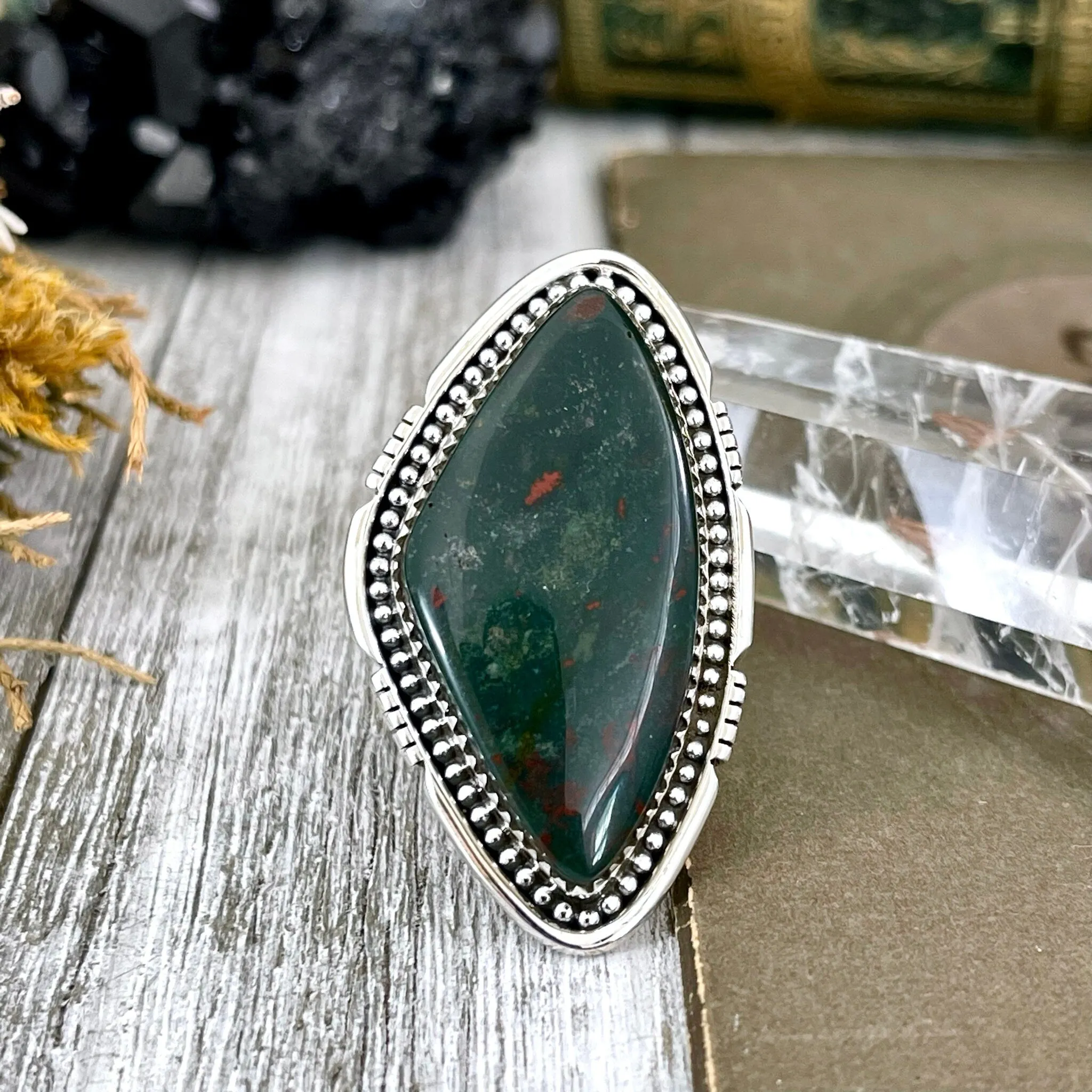 Big Bloodstone Crystal Statement Ring in Sterling Silver - Designed by FOXLARK Collection Adjustable to Size 6 7 8 9 | Green Stone