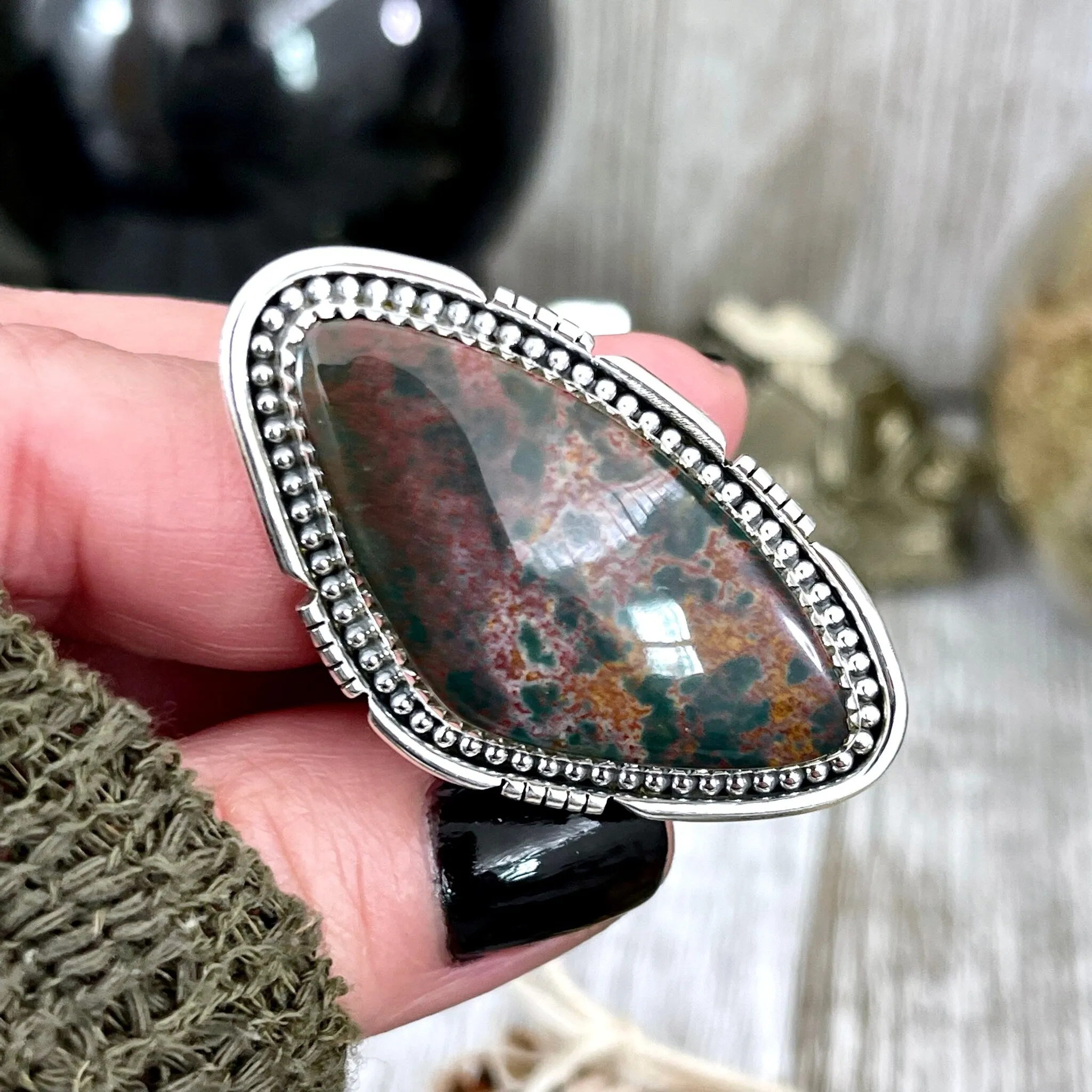 Big Bloodstone Crystal Statement Ring in Sterling Silver - Designed by FOXLARK Collection Adjustable to Size 6 7 8 9 | Green Stone