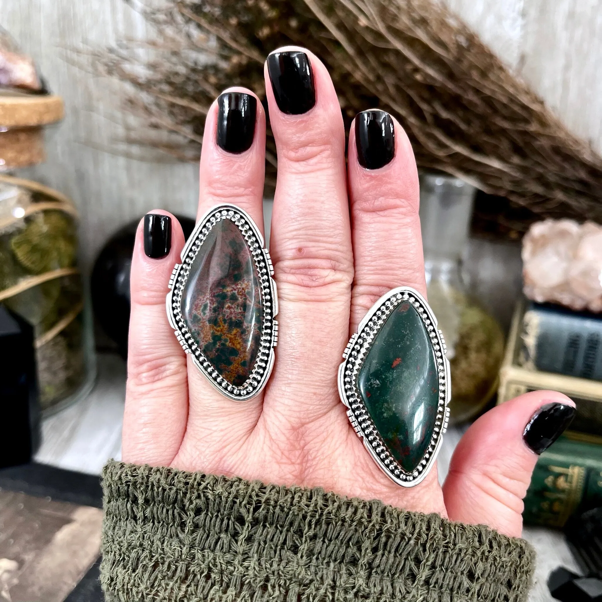 Big Bloodstone Crystal Statement Ring in Sterling Silver - Designed by FOXLARK Collection Adjustable to Size 6 7 8 9 | Green Stone