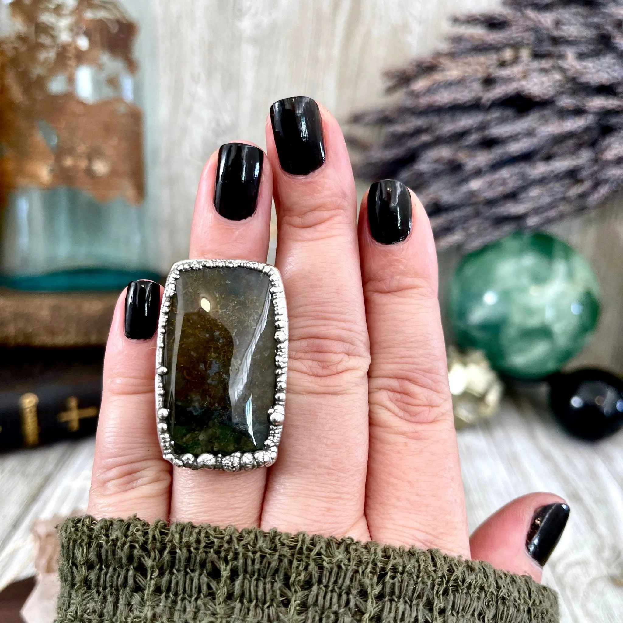 Big Size 6 Silver Natural Fancy Moss Agate Crystal Statement Ring / Foxlark Collection - One of a Kind