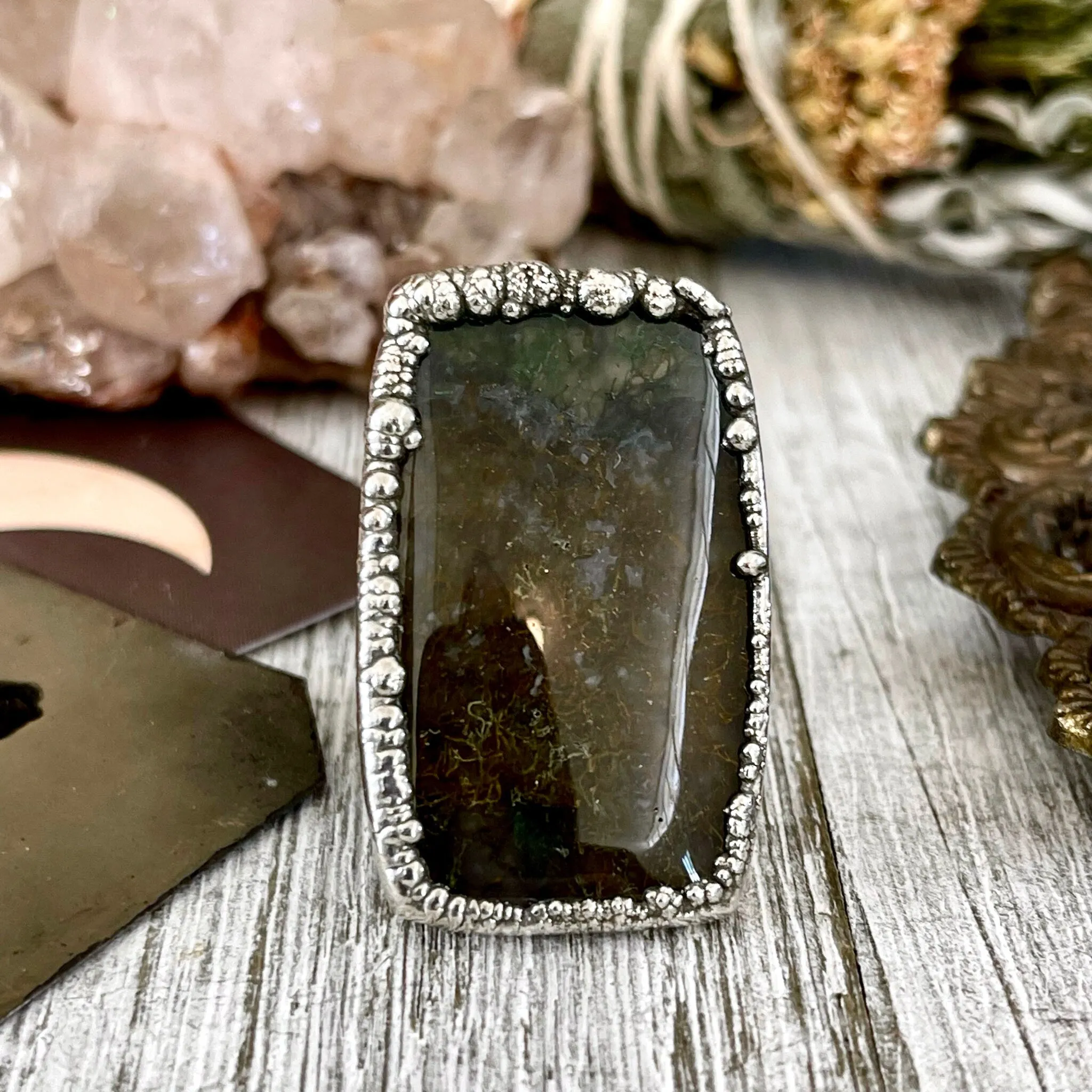 Big Size 6 Silver Natural Fancy Moss Agate Crystal Statement Ring / Foxlark Collection - One of a Kind