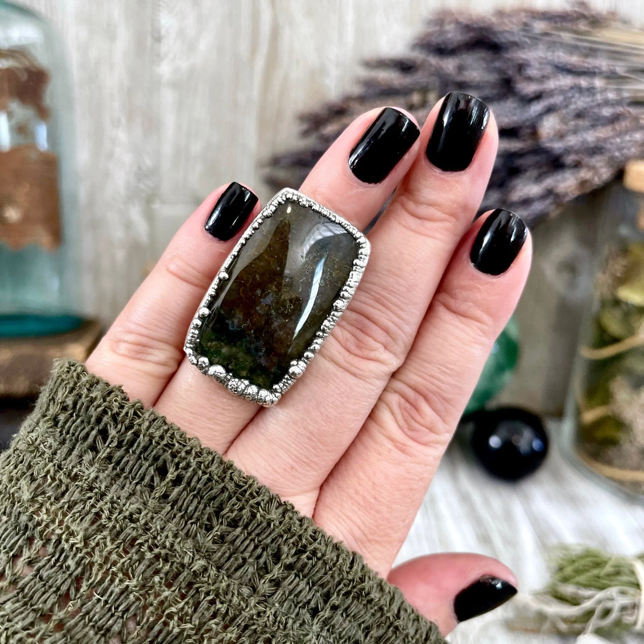 Big Size 6 Silver Natural Fancy Moss Agate Crystal Statement Ring / Foxlark Collection - One of a Kind