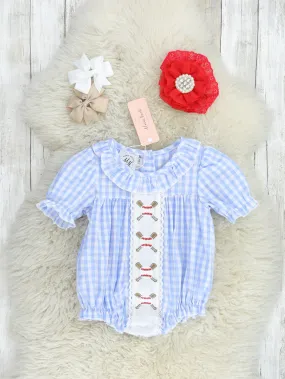 Blue Gingham Baseball Ruffle Bubble