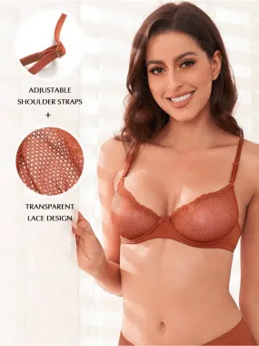 Lace Unlined See Through 1/2 Cup Mesh Demi Shelf Underwired Bra Caramel