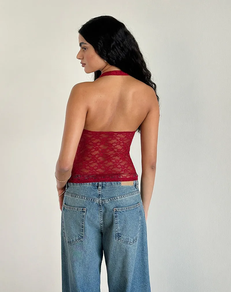 Maggha Halterneck Top in Mari Lace Red