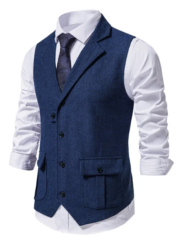 Men's herringbone tweed suit vest retro lapel vest