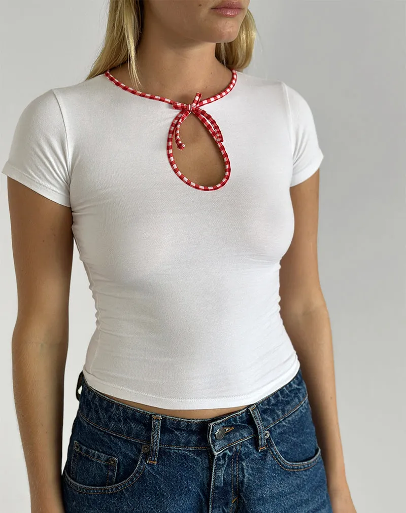 Monsel Tie Front Top in White with Red Gingham Binding