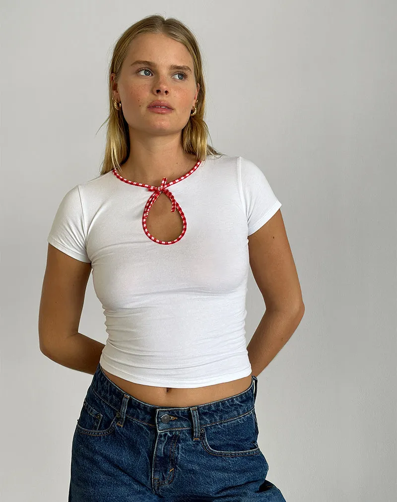 Monsel Tie Front Top in White with Red Gingham Binding