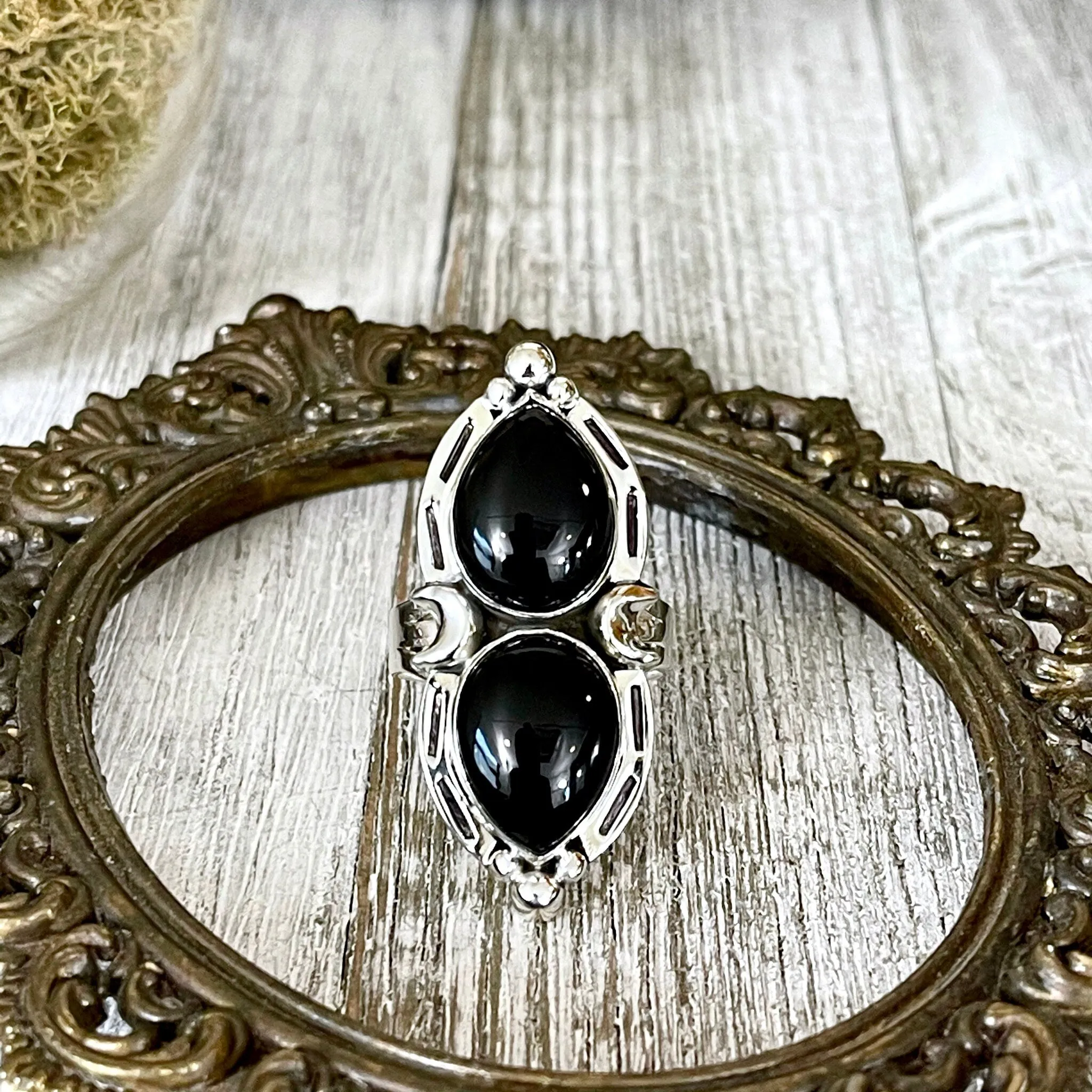 Mystic Moons Black Onyx Crystal Ring in Solid Sterling Silver- Designed by FOXLARK Collection Size 6 7 8 9 10 / Gothic Jewelry