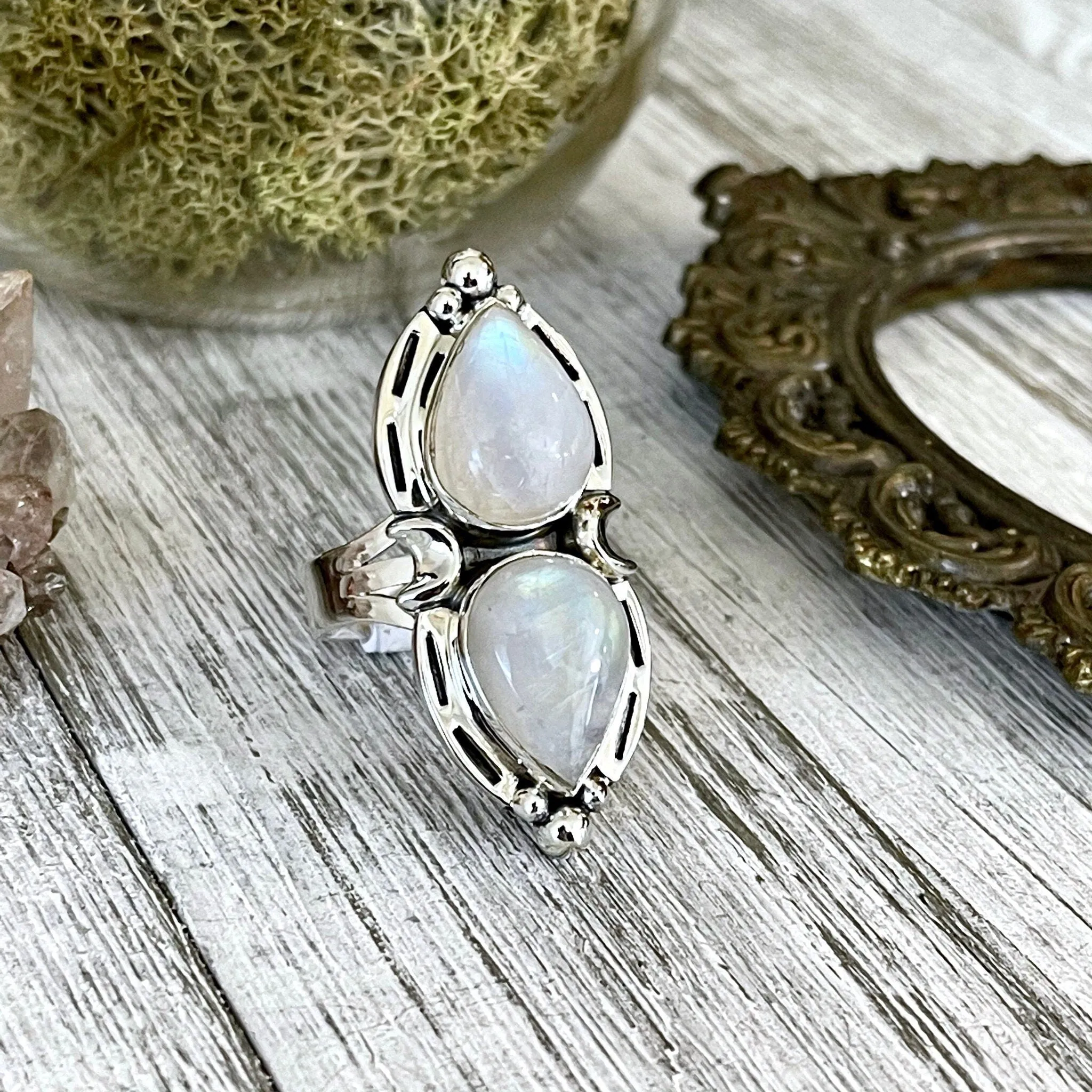 Mystic Moons Rainbow Moonstone Crystal Ring in Solid Sterling Silver- Designed by FOXLARK Collection Size 5 6 7 8 9 10 11 / Gothic Jewelry