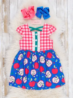 Red Gingham & Blue Apple Ruffle Dress