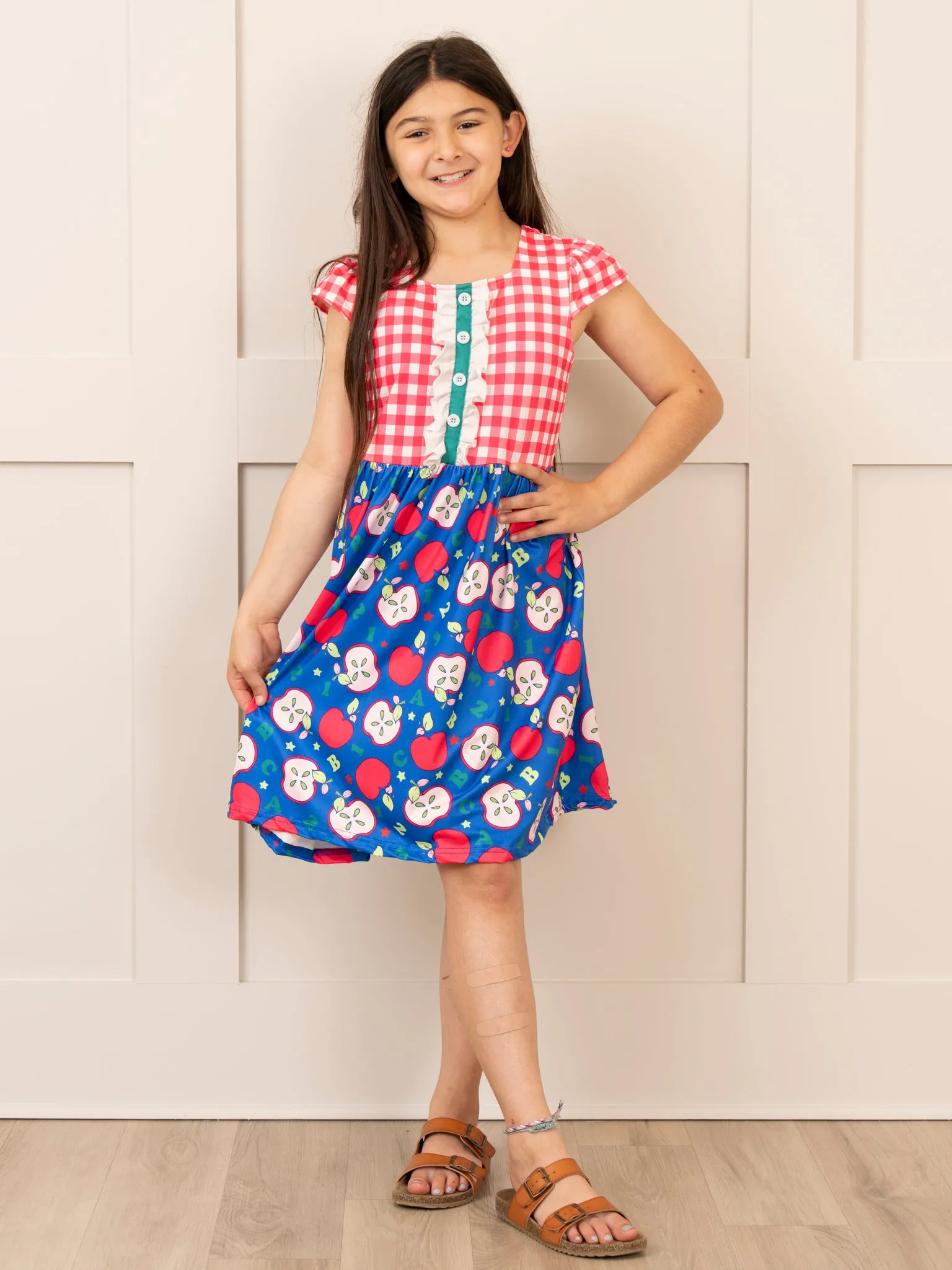 Red Gingham & Blue Apple Ruffle Dress