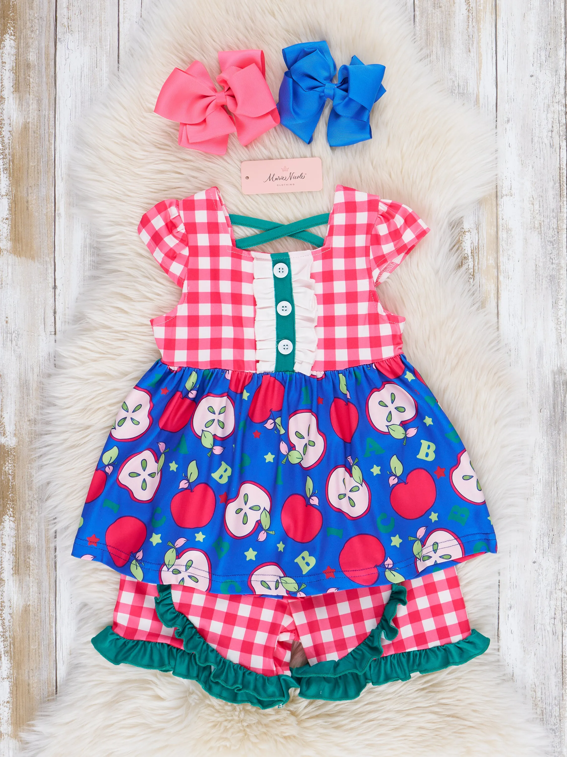 Red Gingham & Blue Apple Ruffle Outfit