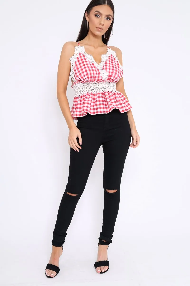 Red Gingham and Lace Cami Crop Top - Eboni