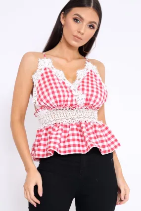 Red Gingham and Lace Cami Crop Top - Eboni