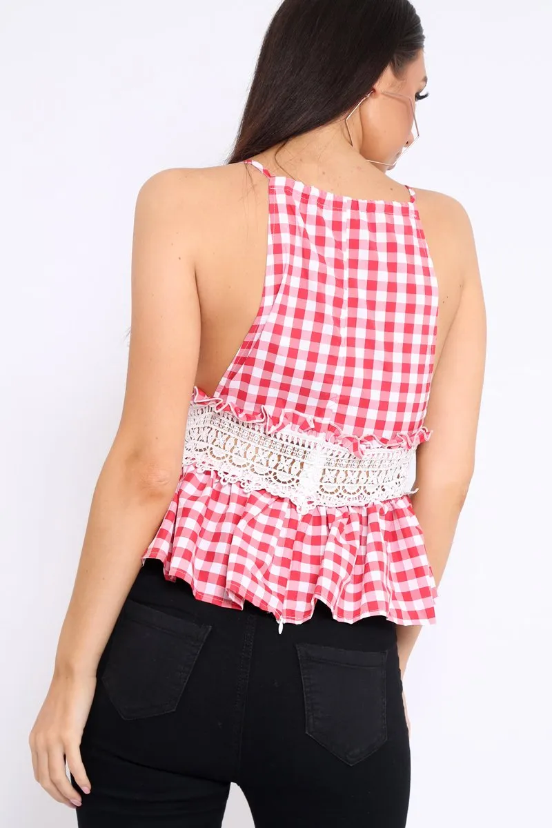 Red Gingham and Lace Cami Crop Top - Eboni