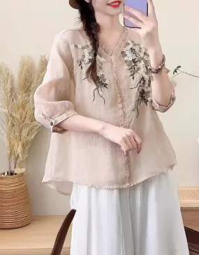 Retro Embroidered Ramie V-neck Shirt for Women