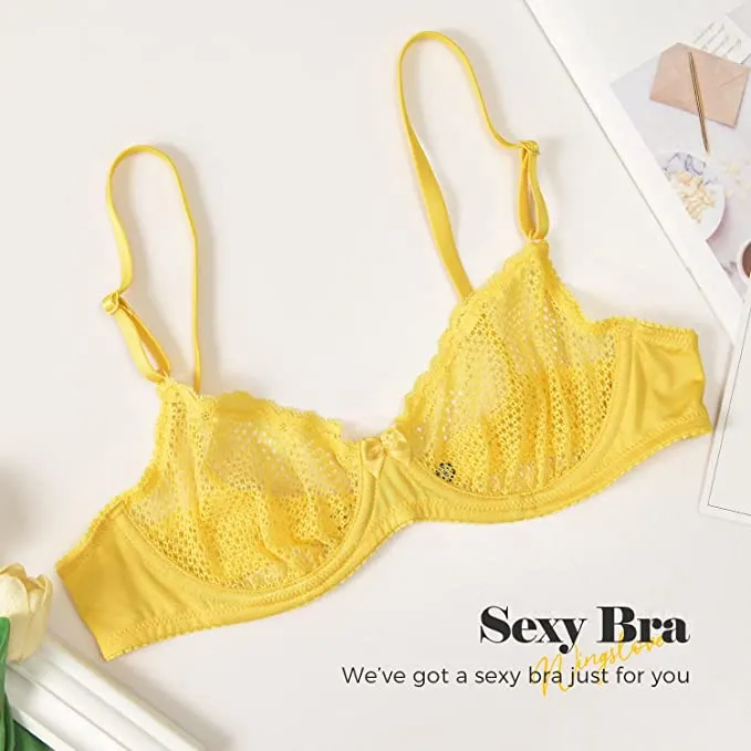 See Through 1/2 Cup Lace Underwire Demi Bra Lemon Yellow