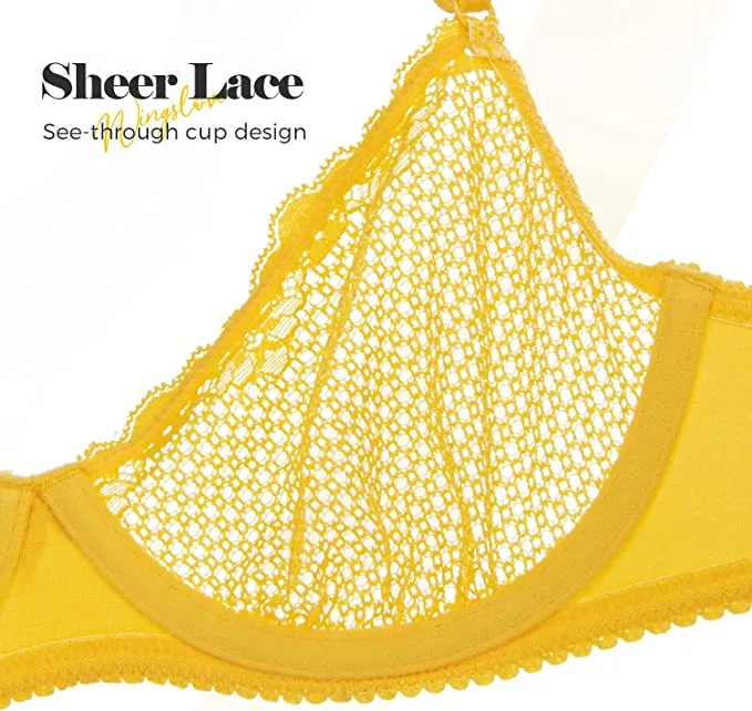 See Through 1/2 Cup Lace Underwire Demi Bra Lemon Yellow