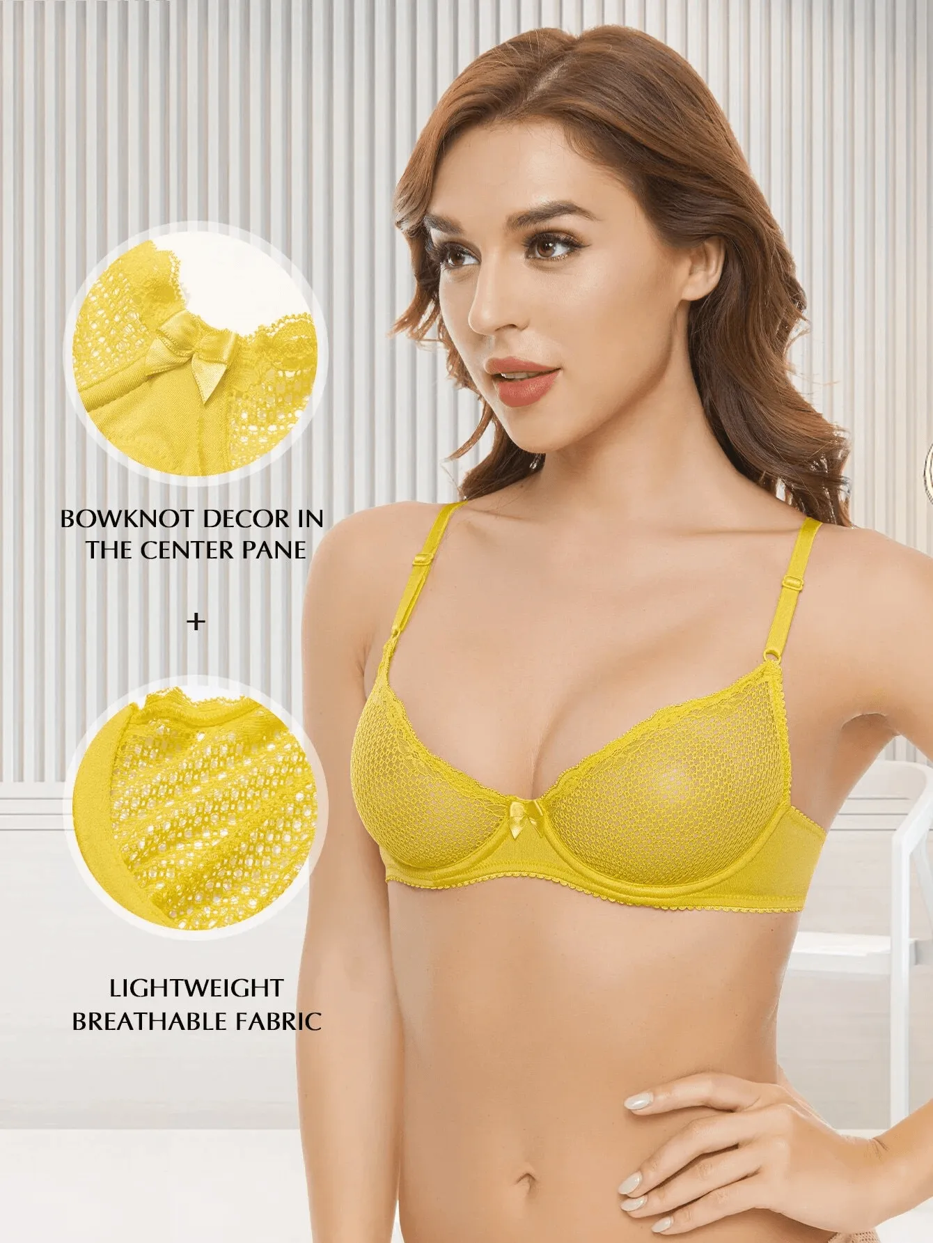 See Through 1/2 Cup Lace Underwire Demi Bra Lemon Yellow