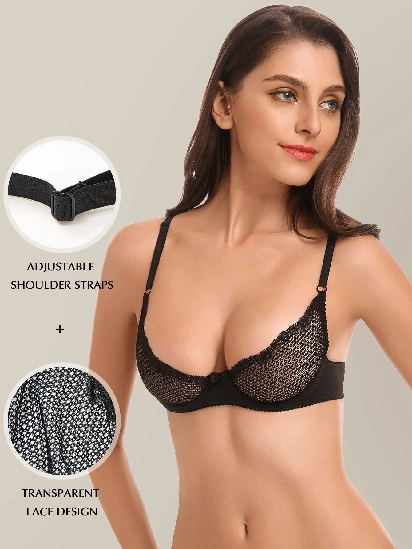 See Through Bra Sexy 1/2 Cup Lace Mesh Demi  Bra 4 Colors