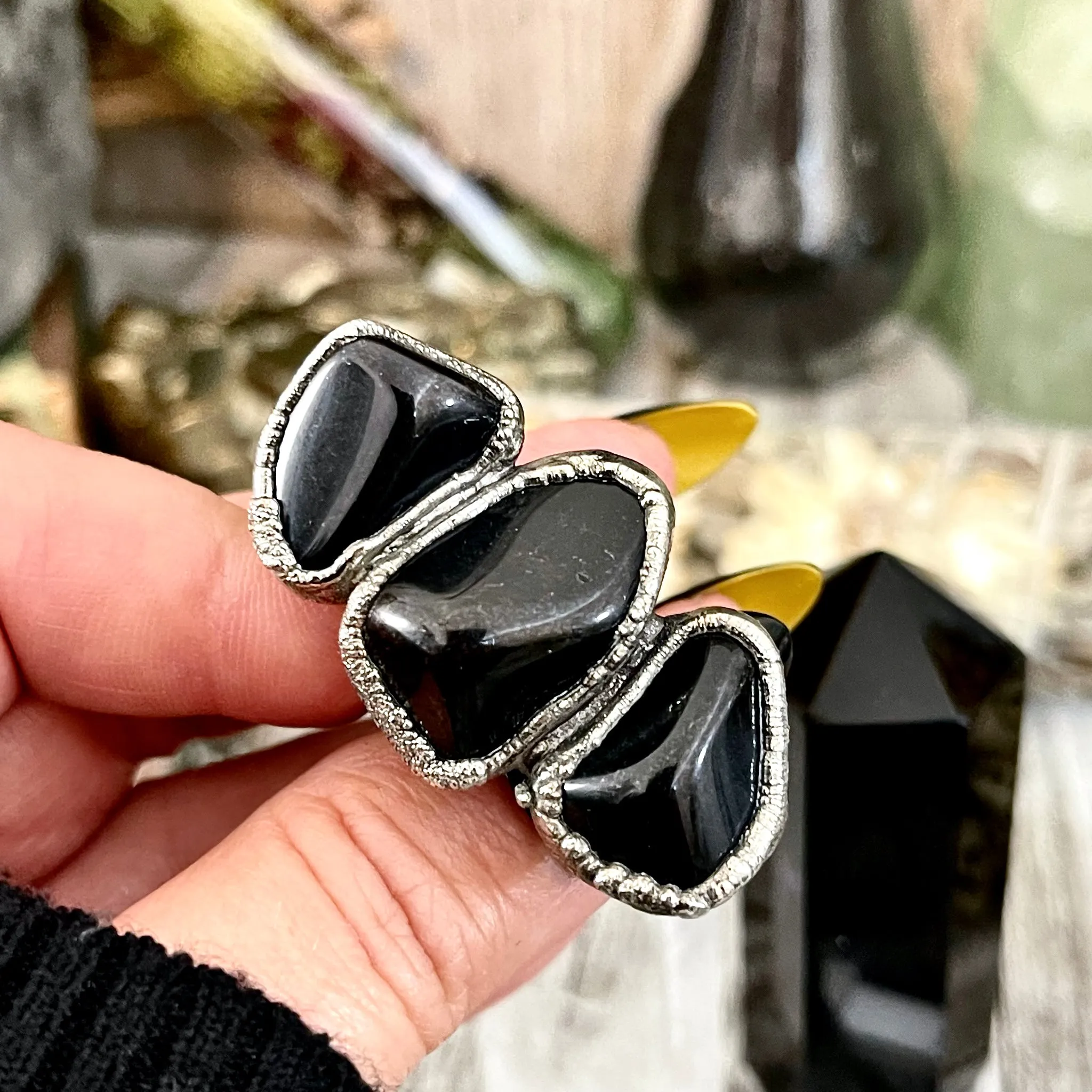 Size 10 Crystal Ring - Three Stone Black Onyx Ring in Silver / Foxlark Collection - One of a Kind