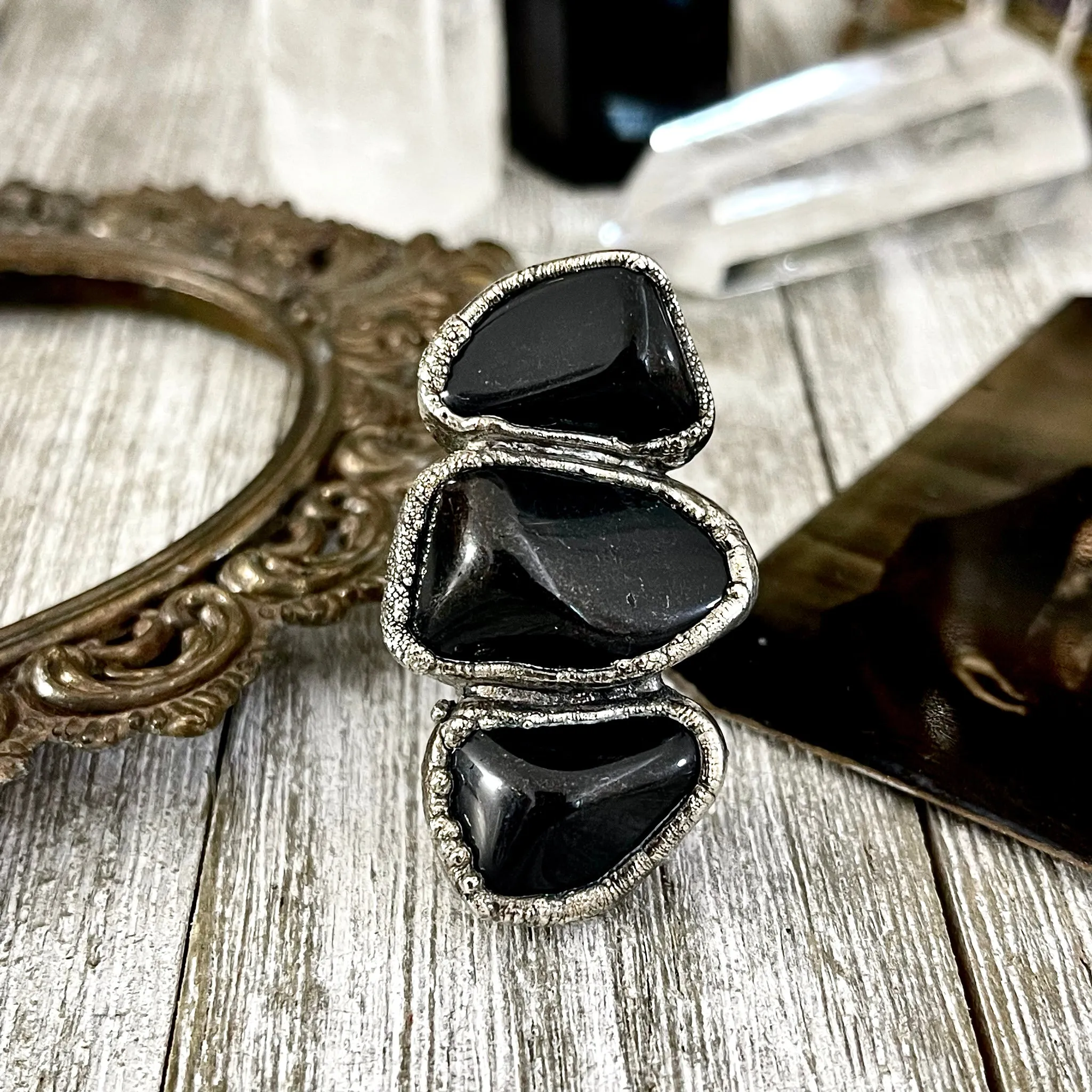 Size 10 Crystal Ring - Three Stone Black Onyx Ring in Silver / Foxlark Collection - One of a Kind