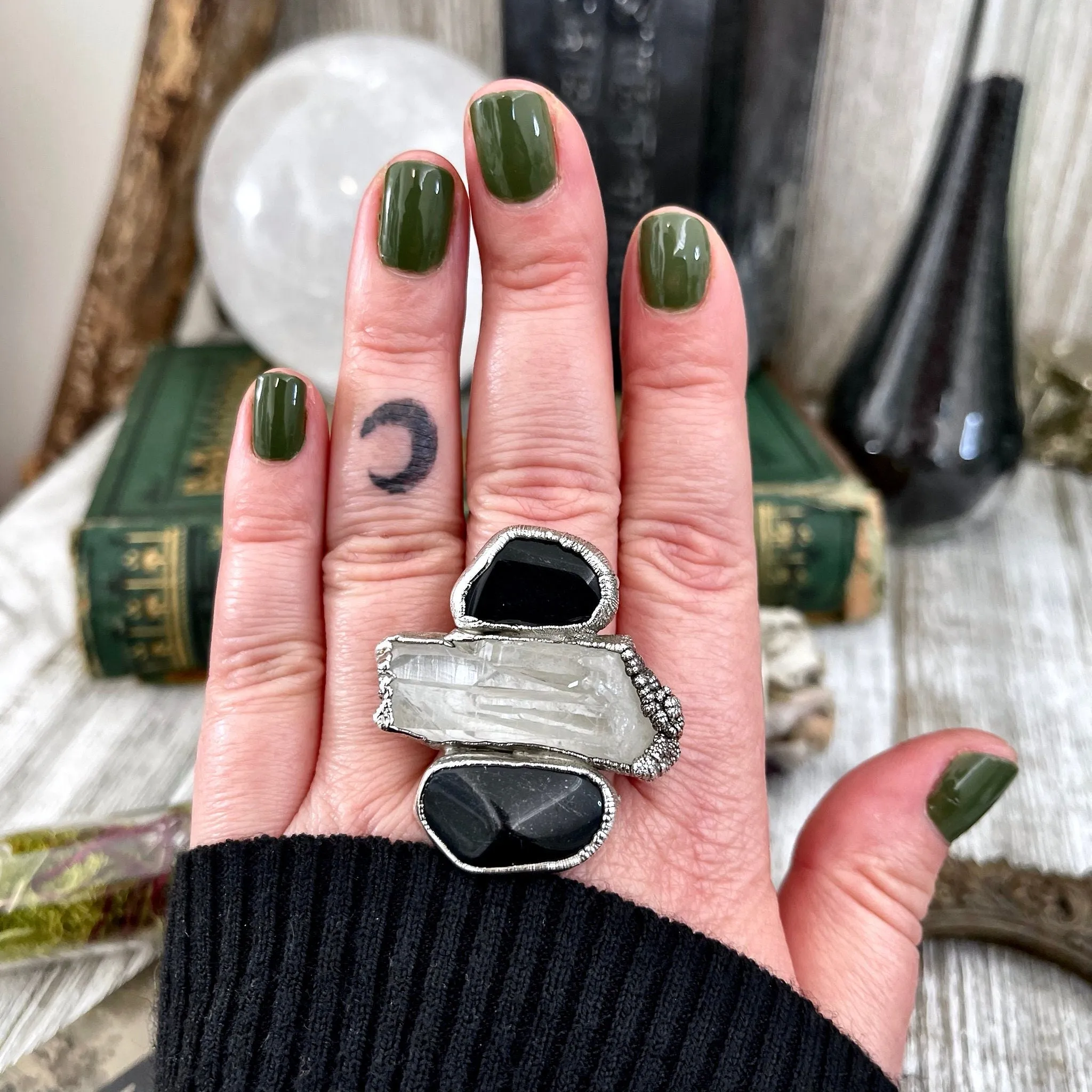 Size 10 Crystal Ring - Three Stone Ring Black Onyx Raw Clear Quartz Ring Silver / Foxlark Collection - One of a Kind