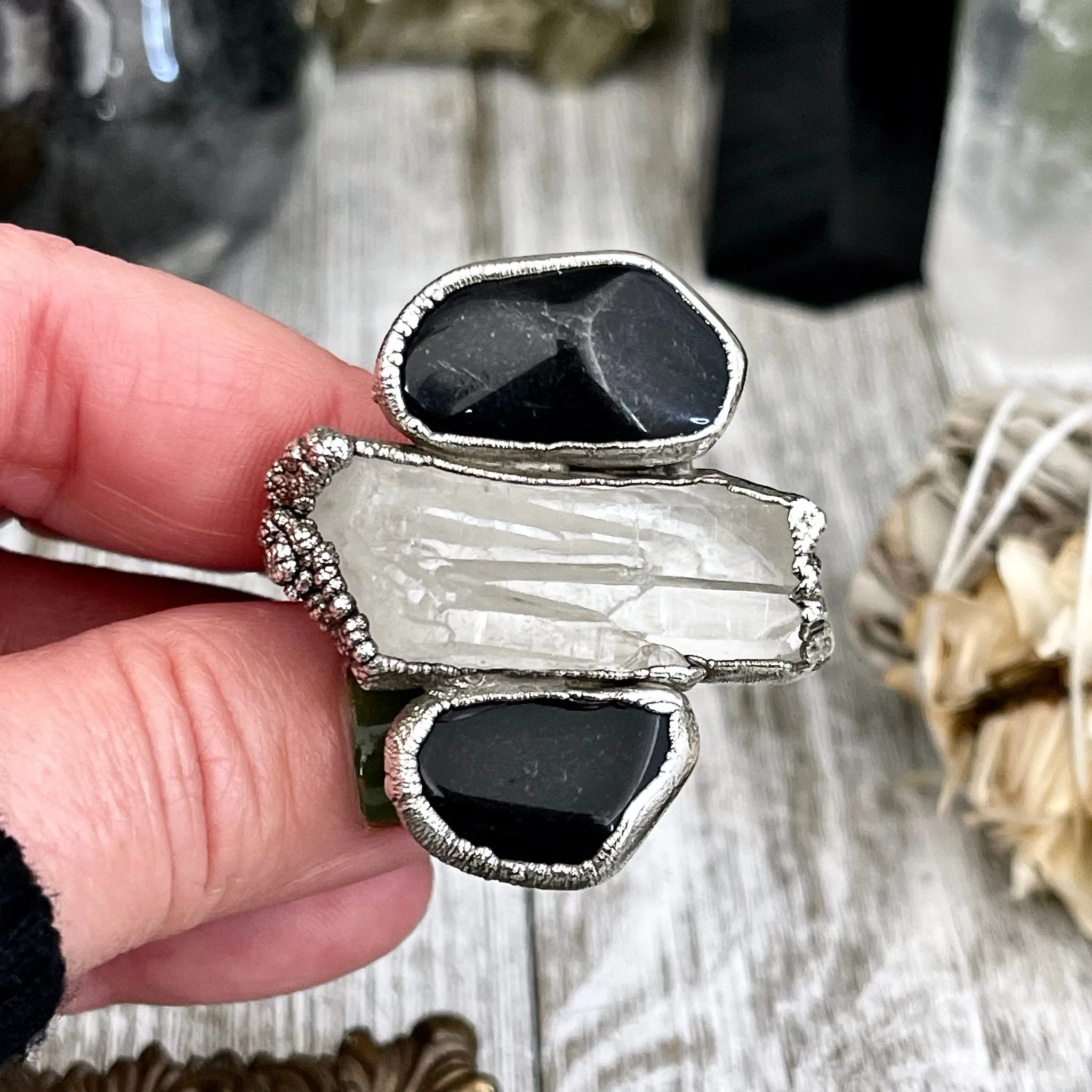 Size 10 Crystal Ring - Three Stone Ring Black Onyx Raw Clear Quartz Ring Silver / Foxlark Collection - One of a Kind