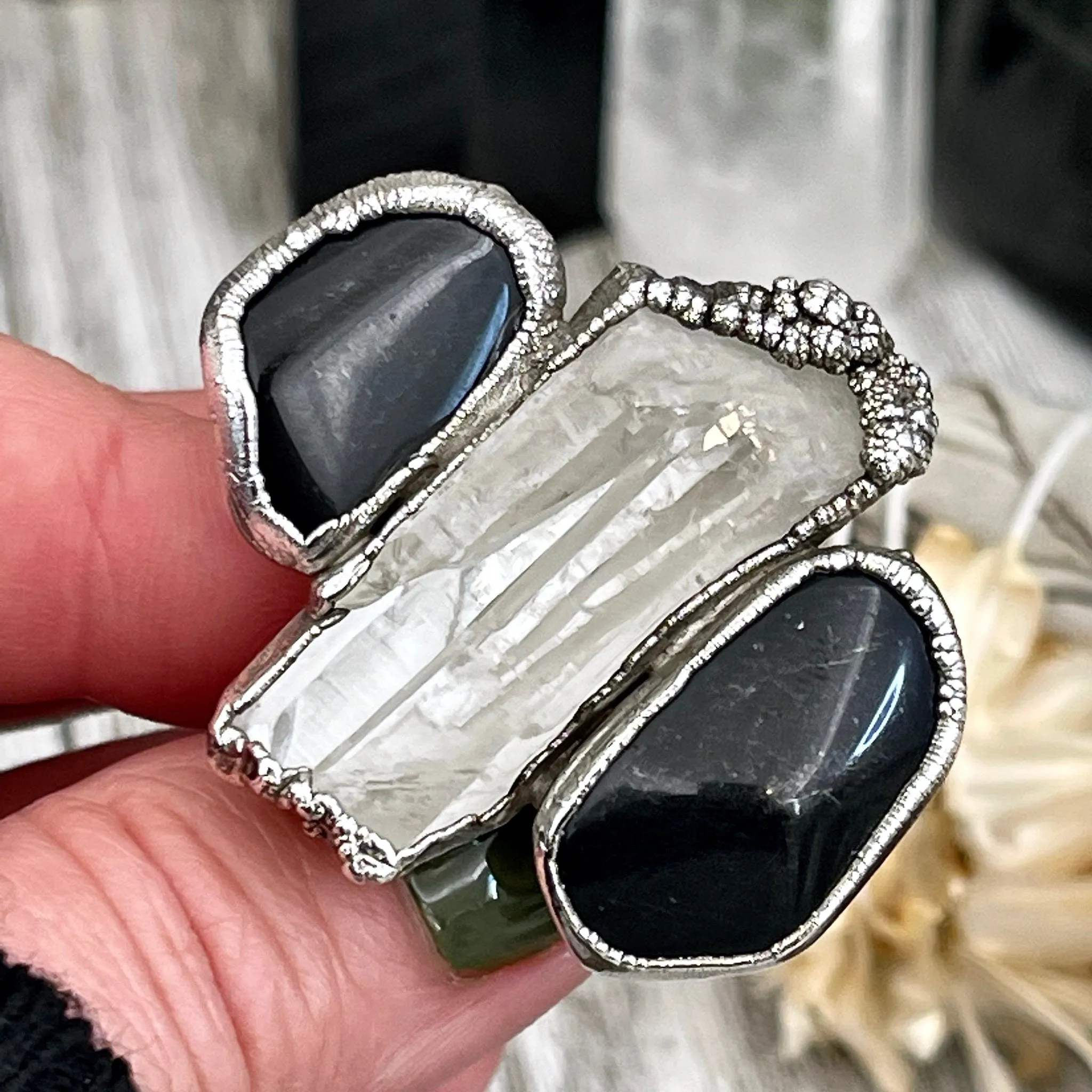 Size 10 Crystal Ring - Three Stone Ring Black Onyx Raw Clear Quartz Ring Silver / Foxlark Collection - One of a Kind