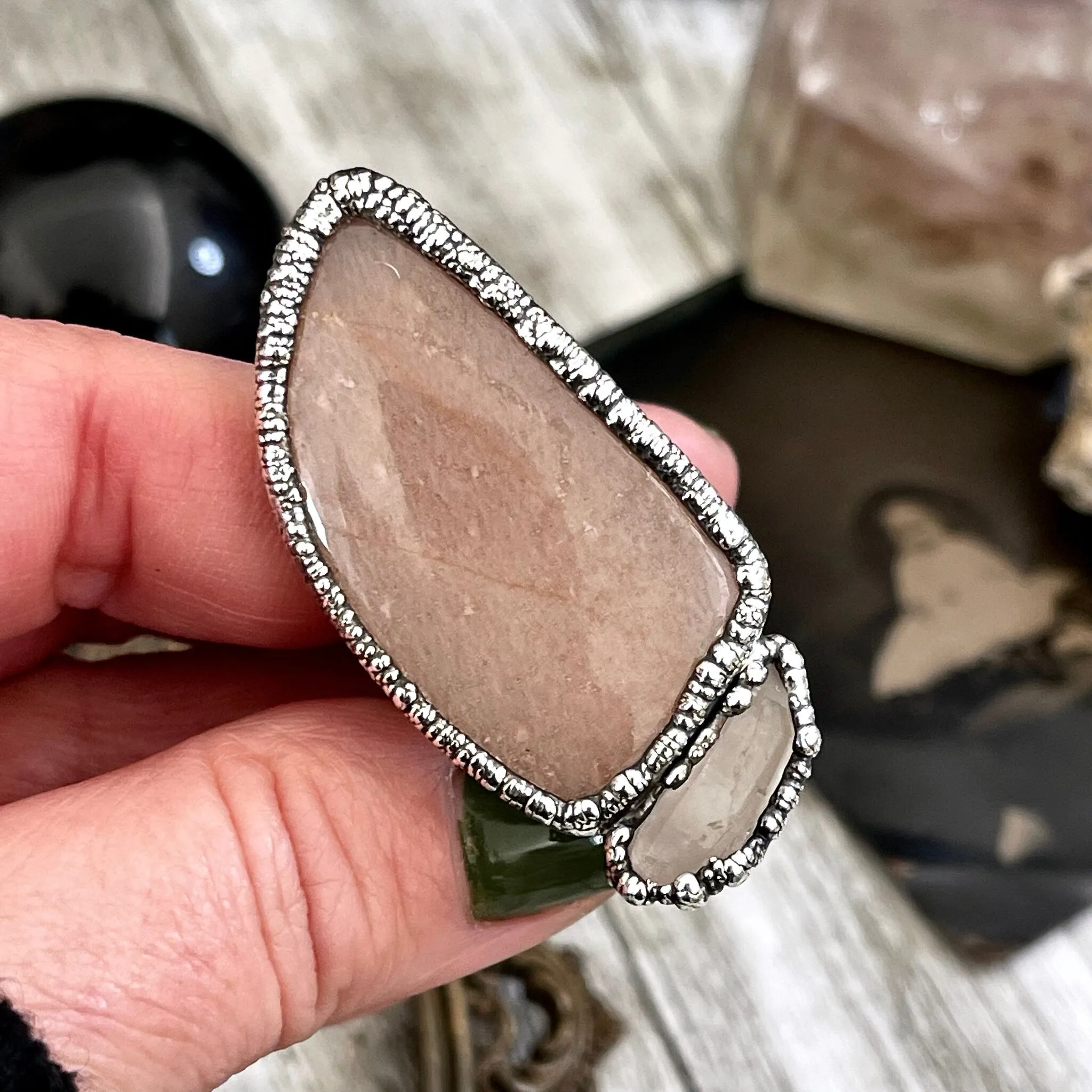 Size 10 Two Stone Ring- Peach Moonstone Clear Quartz Crystal Ring Fine Silver / Foxlark Collection - One of a Kind