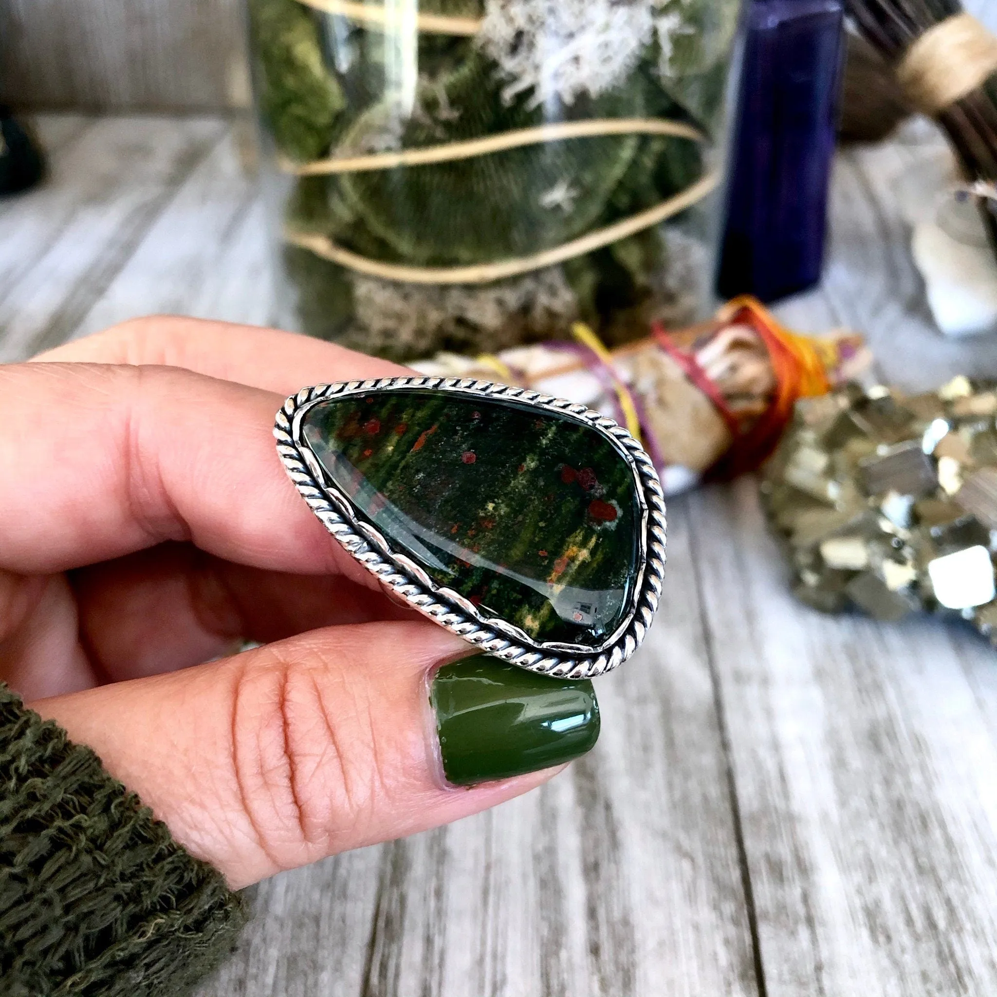 Size 5 Bloodstone Statement Ring Set in Sterling Silver / Curated by FOXLARK Collection