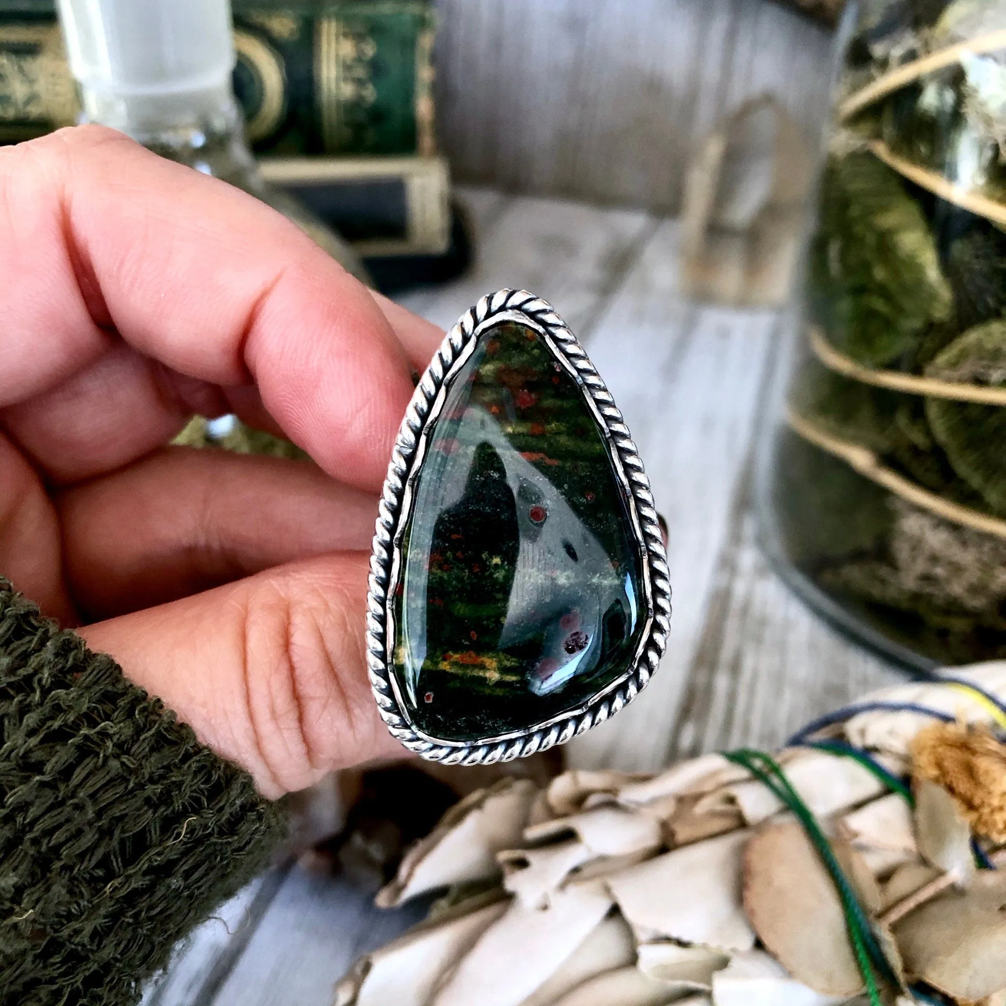 Size 5 Bloodstone Statement Ring Set in Sterling Silver / Curated by FOXLARK Collection