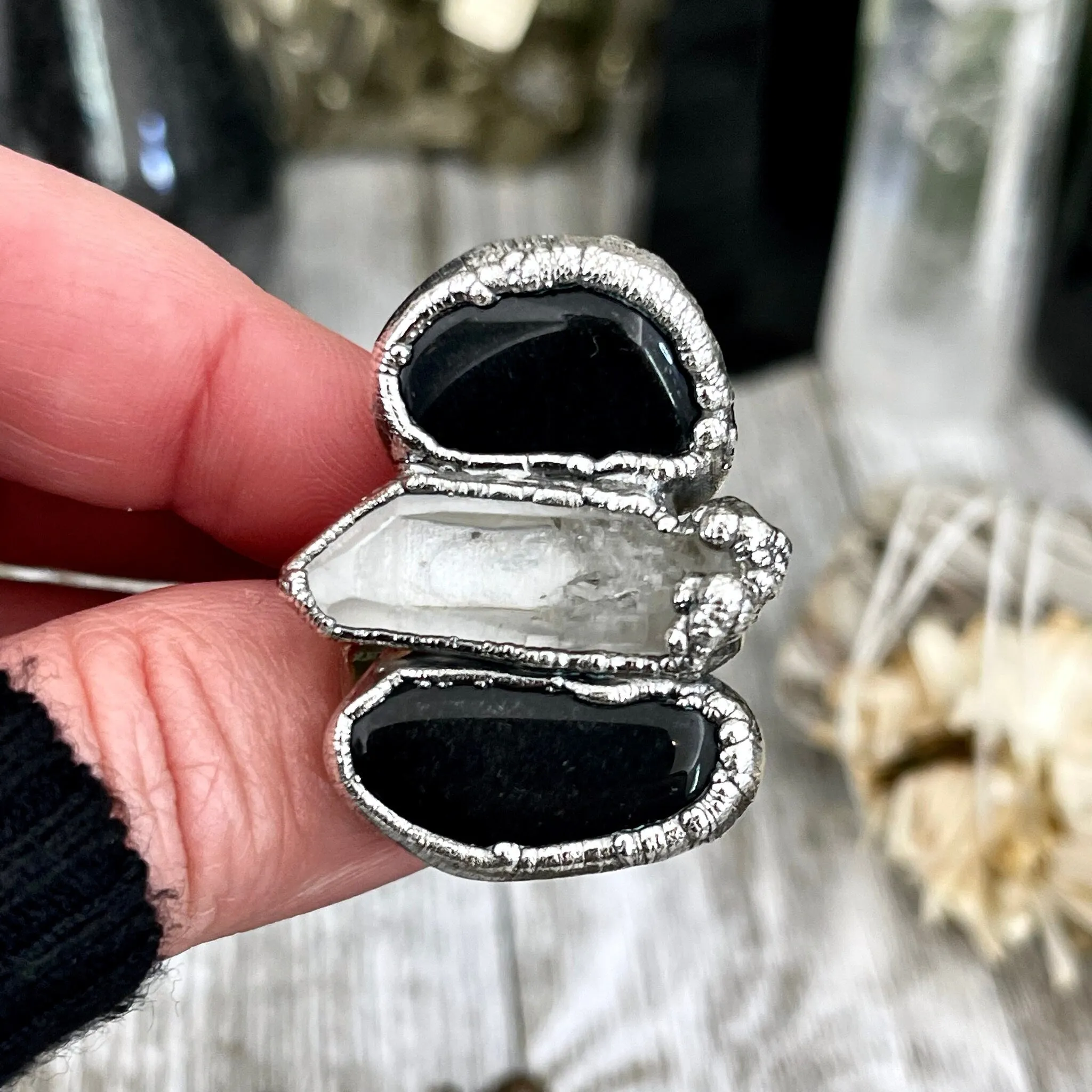 Size 6.5 Crystal Ring - Three Stone Ring Black Onyx & Clear Quartz Silver Ring / Foxlark Collection - One of a Kind