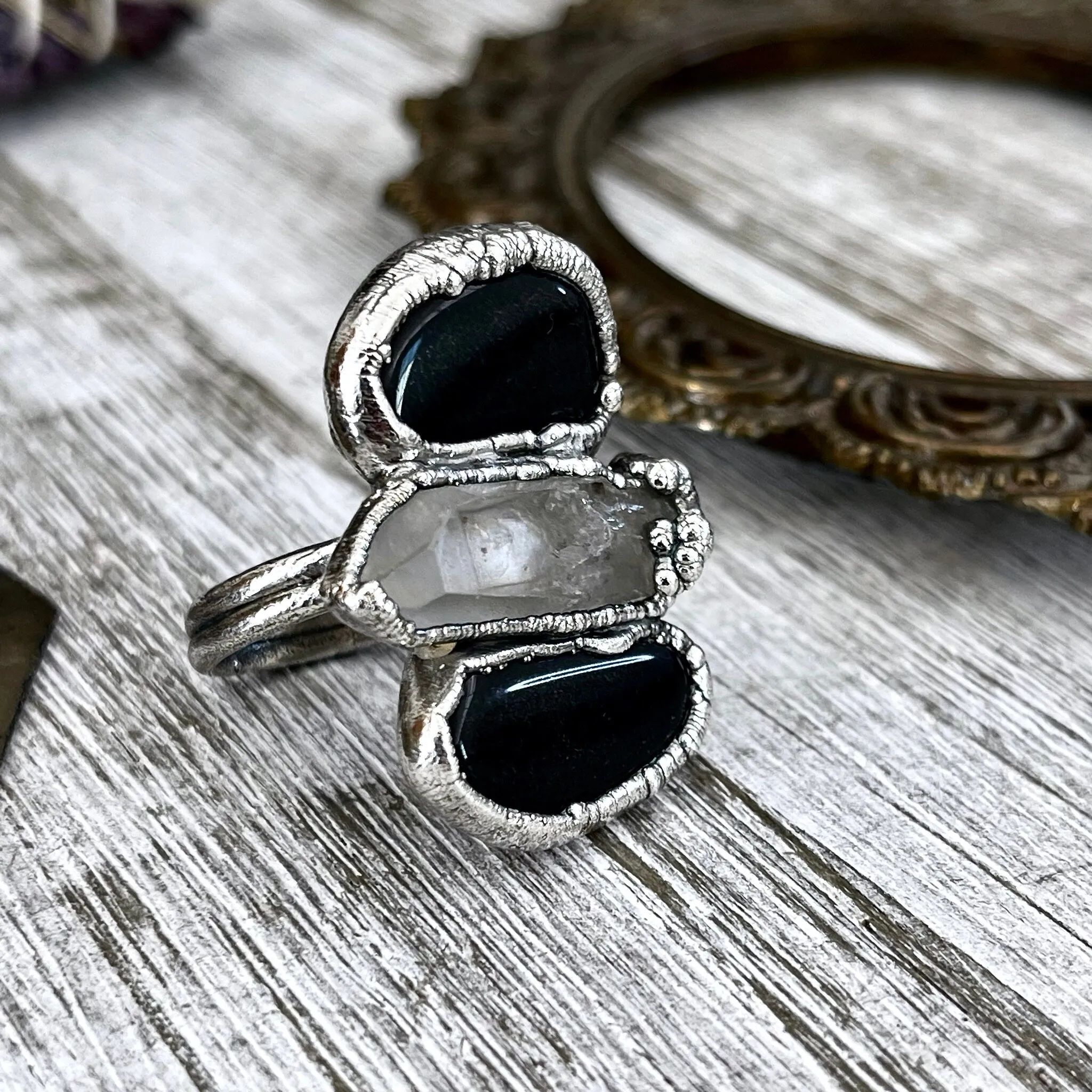 Size 6.5 Crystal Ring - Three Stone Ring Black Onyx & Clear Quartz Silver Ring / Foxlark Collection - One of a Kind