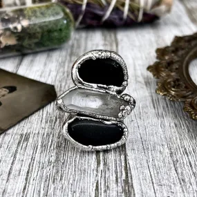 Size 6.5 Crystal Ring - Three Stone Ring Black Onyx & Clear Quartz Silver Ring / Foxlark Collection - One of a Kind