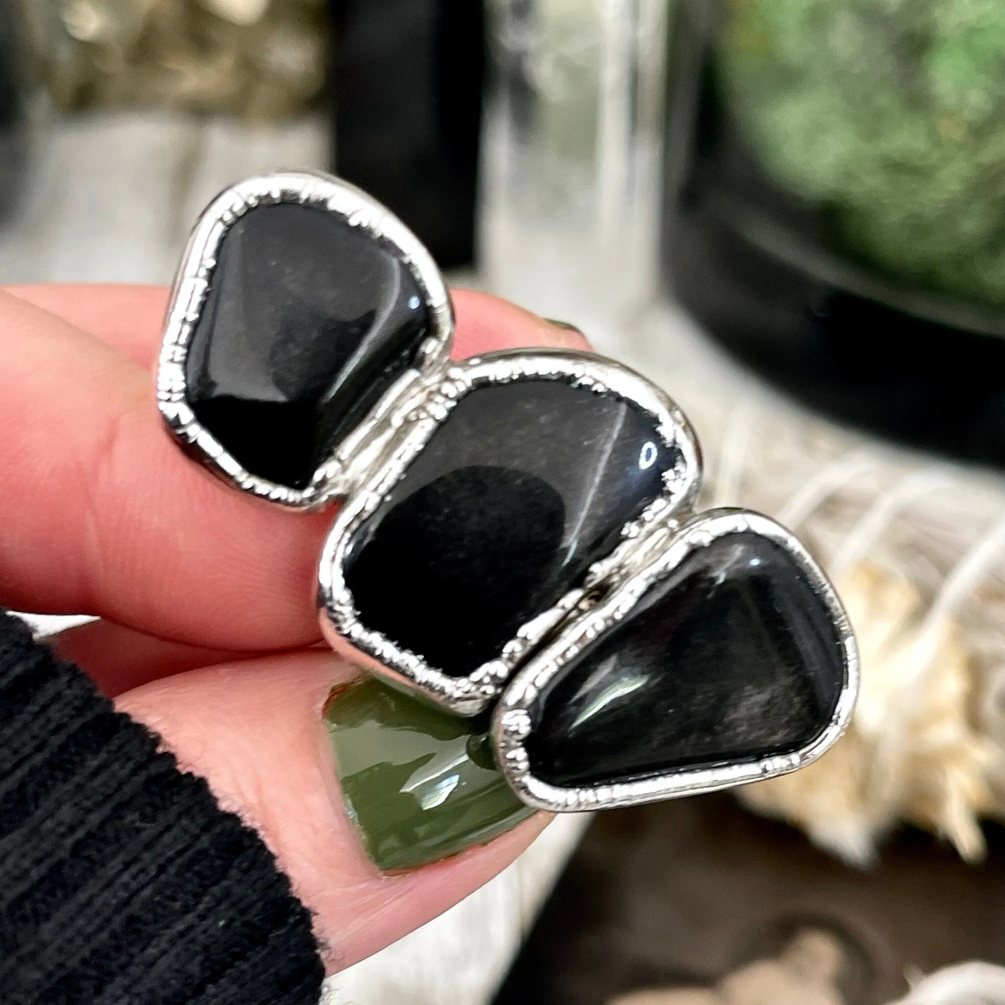 Size 8 Crystal Ring - Three Stone Ring Black Onyx Ring in Silver / Foxlark Collection - One of a Kind