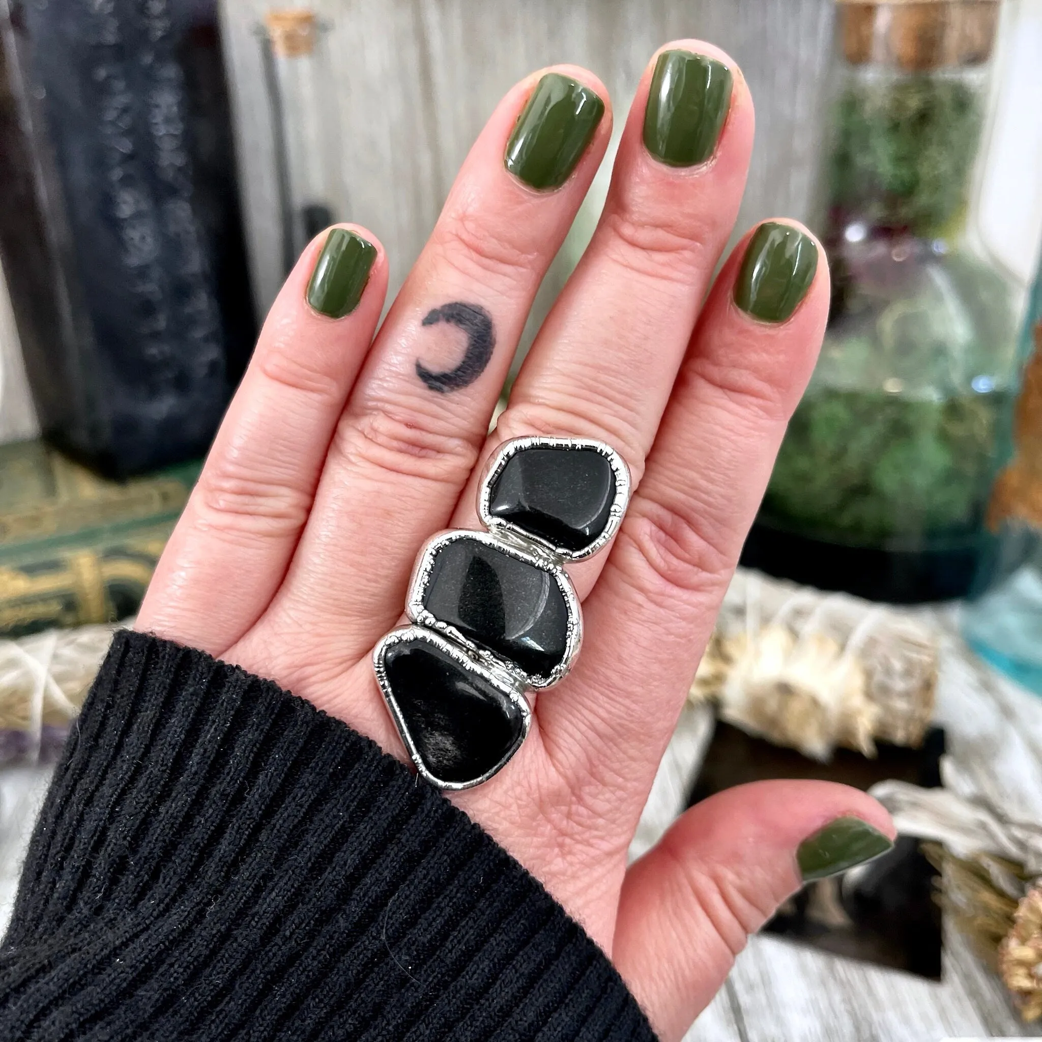 Size 8 Crystal Ring - Three Stone Ring Black Onyx Ring in Silver / Foxlark Collection - One of a Kind