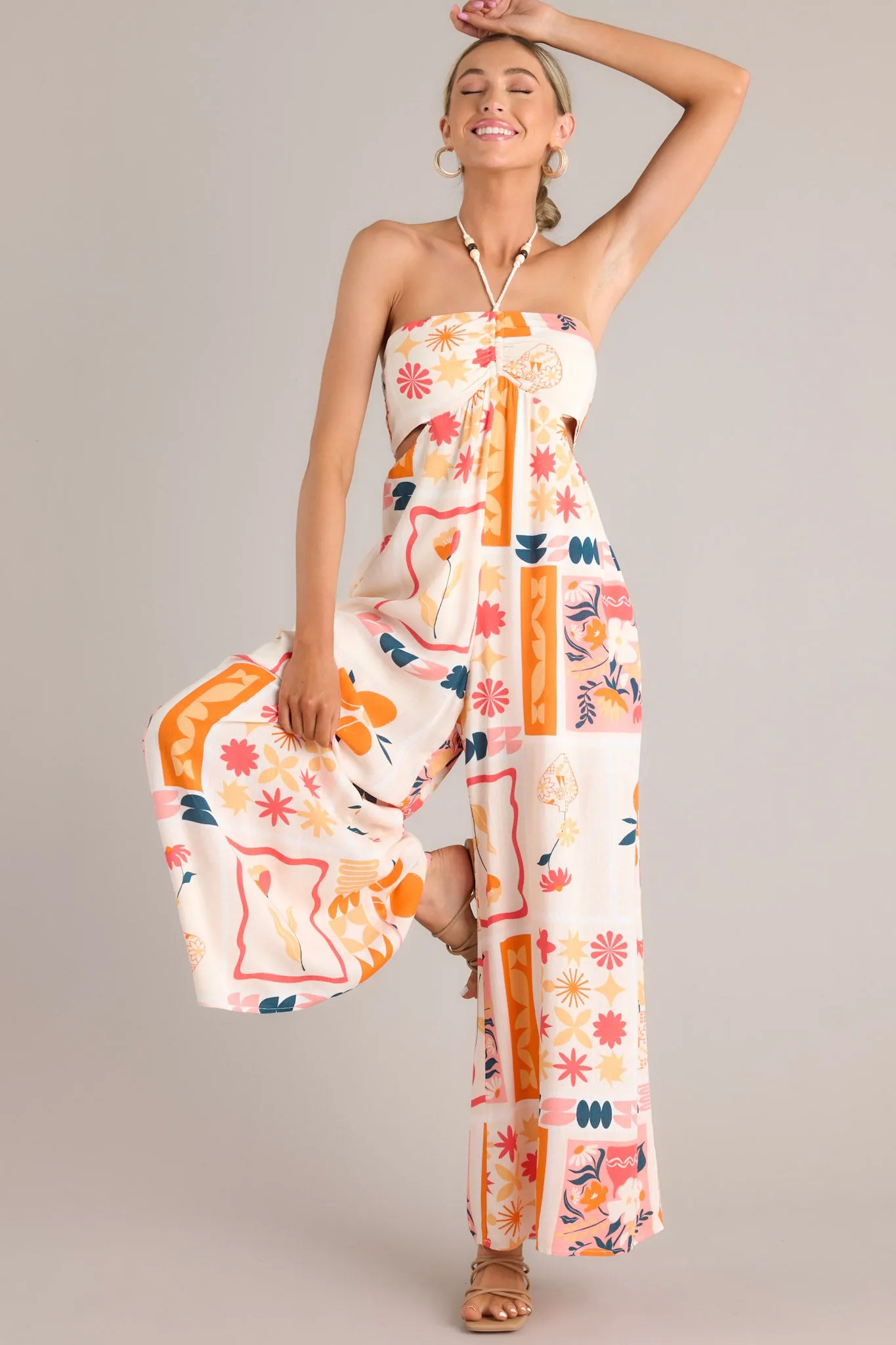 Sunset Cove Apricot Multi Print Halter Cutout Jumpsuit