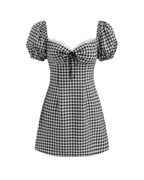 Sweetheart Neckline Gingham Lace Knotted Puff Sleeve Mini Dress