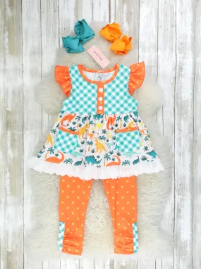 Teal Gingham Dinosaur Ruffle Pocket Outfit