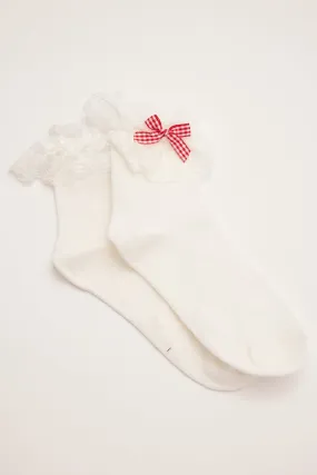 Token Lace Frill Gingham Bow Sock White