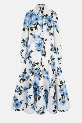 Tomasina Dress In Blue Dahlia Floral Print Taffeta Faille